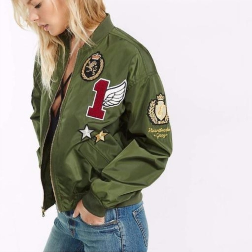 Olive Green Bomber Jacket with Patches